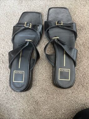 Dolce Vita Black Patent Leather Square-Toe Slide Mules with Gold Buckles
